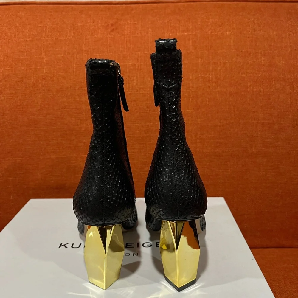 Kurt Geiger Black Snakeskin Boots with Gold Heel - Picture 8 of 10